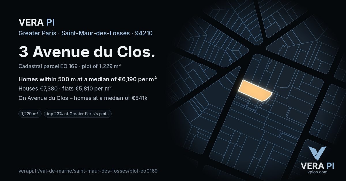 3 Avenue du Clos, Saint-Maur-des-Fossés at night – the plot lit, the parcels around coloured by the prices near them