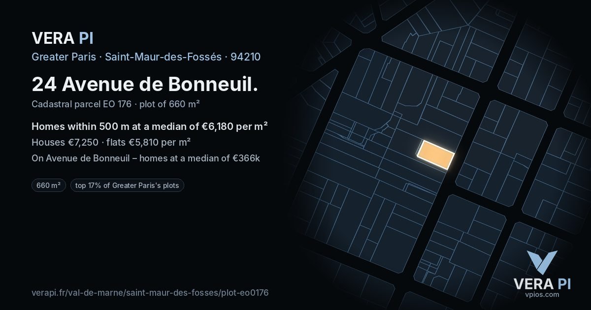 24 Avenue de Bonneuil, Saint-Maur-des-Fossés at night – the plot lit, the parcels around coloured by the prices near them