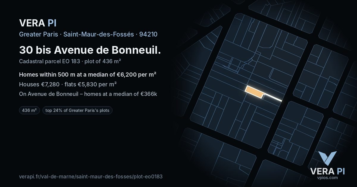 30 bis Avenue de Bonneuil, Saint-Maur-des-Fossés at night – the plot lit, the parcels around coloured by the prices near them