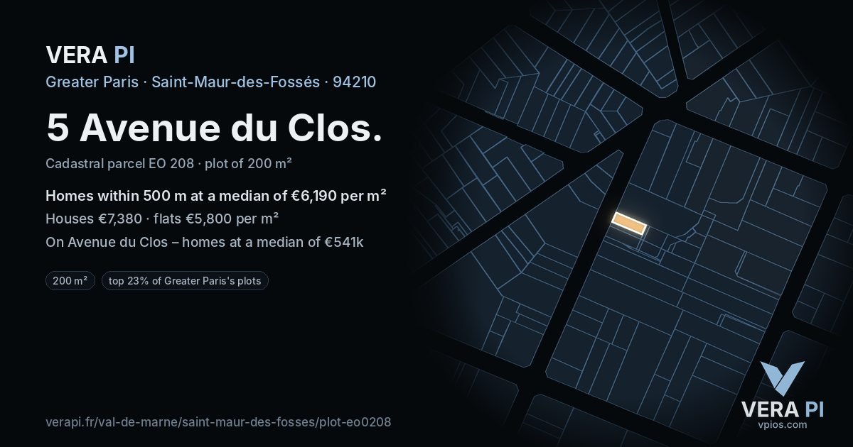 5 Avenue du Clos, Saint-Maur-des-Fossés at night – the plot lit, the parcels around coloured by the prices near them