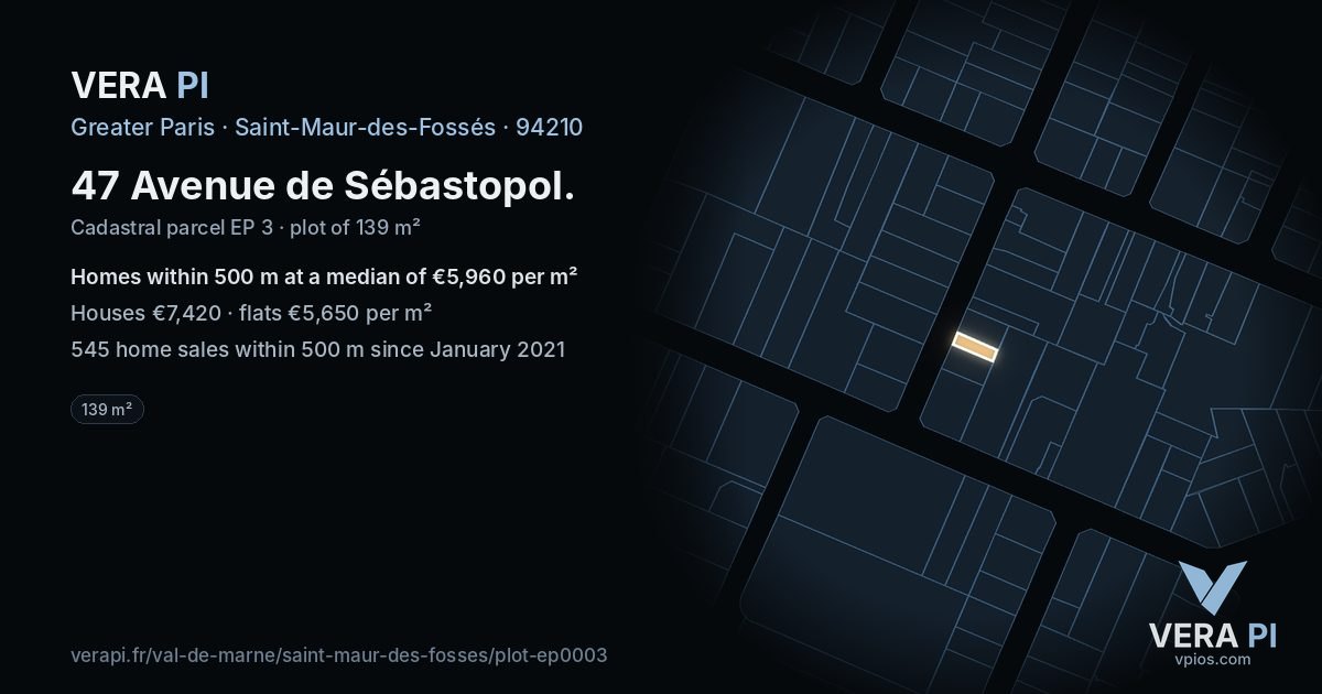 47 Avenue de Sébastopol, Saint-Maur-des-Fossés at night – the plot lit, the parcels around coloured by the prices near them