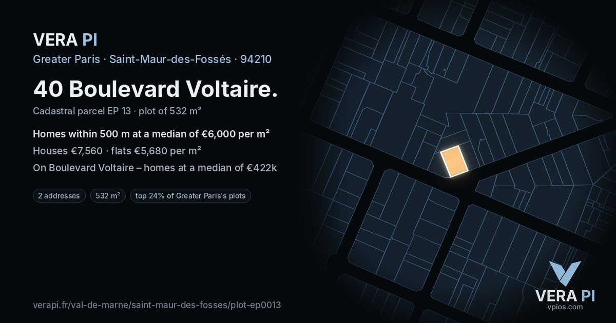 40 Boulevard Voltaire, Saint-Maur-des-Fossés at night – the plot lit, the parcels around coloured by the prices near them