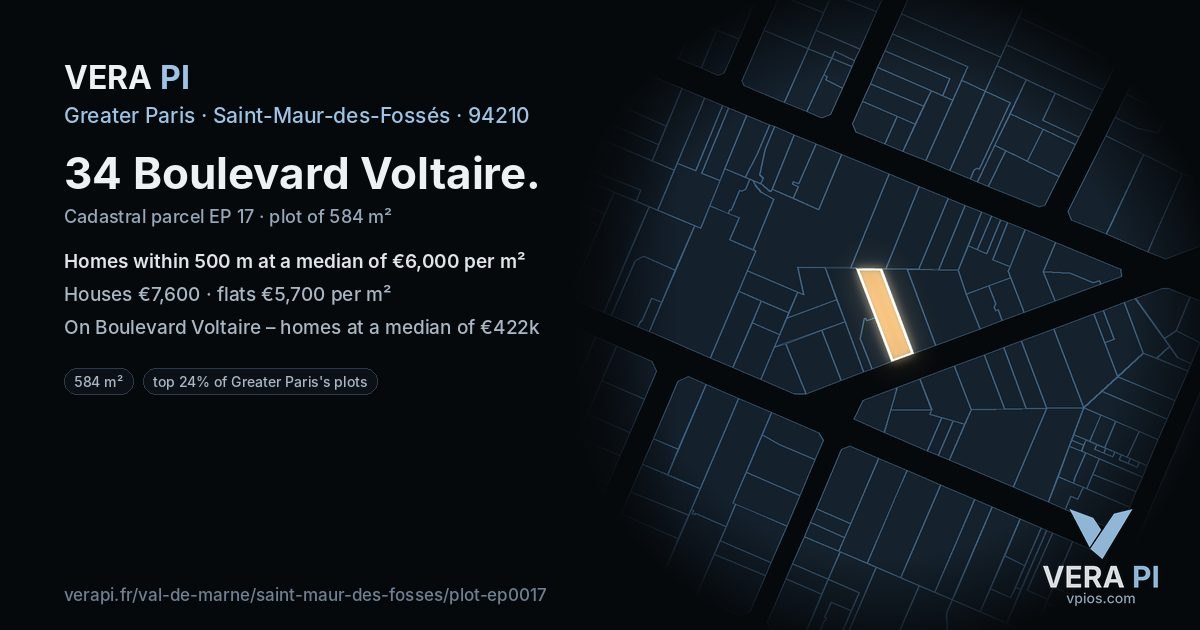 34 Boulevard Voltaire, Saint-Maur-des-Fossés at night – the plot lit, the parcels around coloured by the prices near them