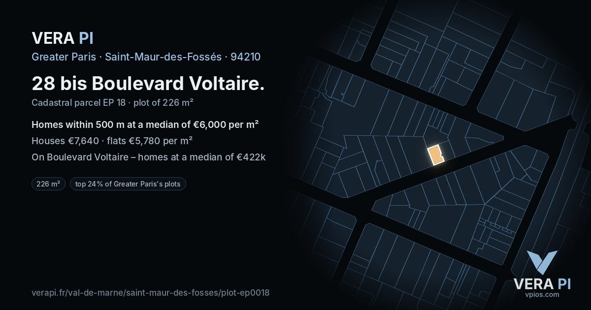 28 bis Boulevard Voltaire, Saint-Maur-des-Fossés at night – the plot lit, the parcels around coloured by the prices near them