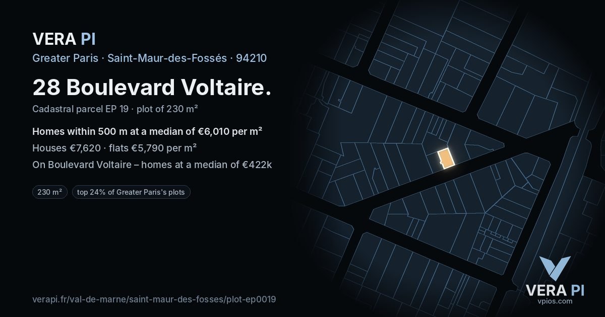 28 Boulevard Voltaire, Saint-Maur-des-Fossés at night – the plot lit, the parcels around coloured by the prices near them