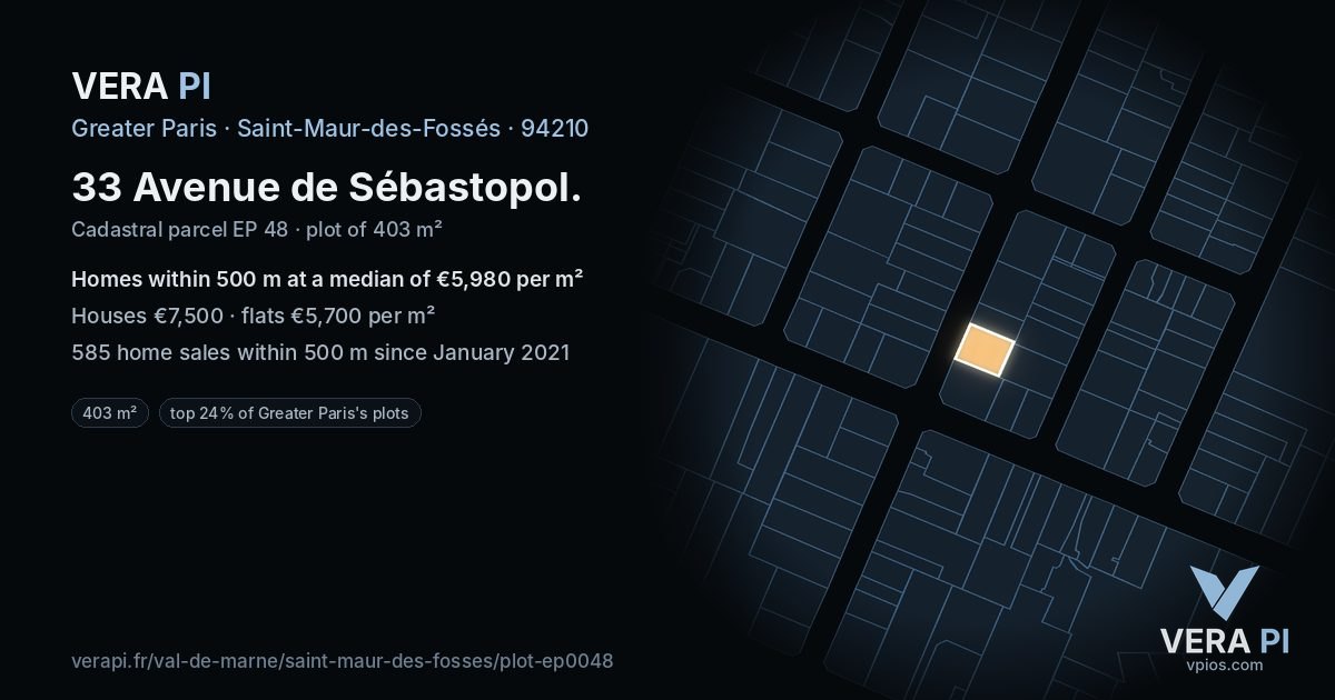 33 Avenue de Sébastopol, Saint-Maur-des-Fossés at night – the plot lit, the parcels around coloured by the prices near them