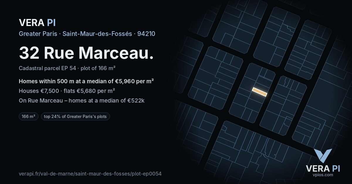 32 Rue Marceau, Saint-Maur-des-Fossés at night – the plot lit, the parcels around coloured by the prices near them