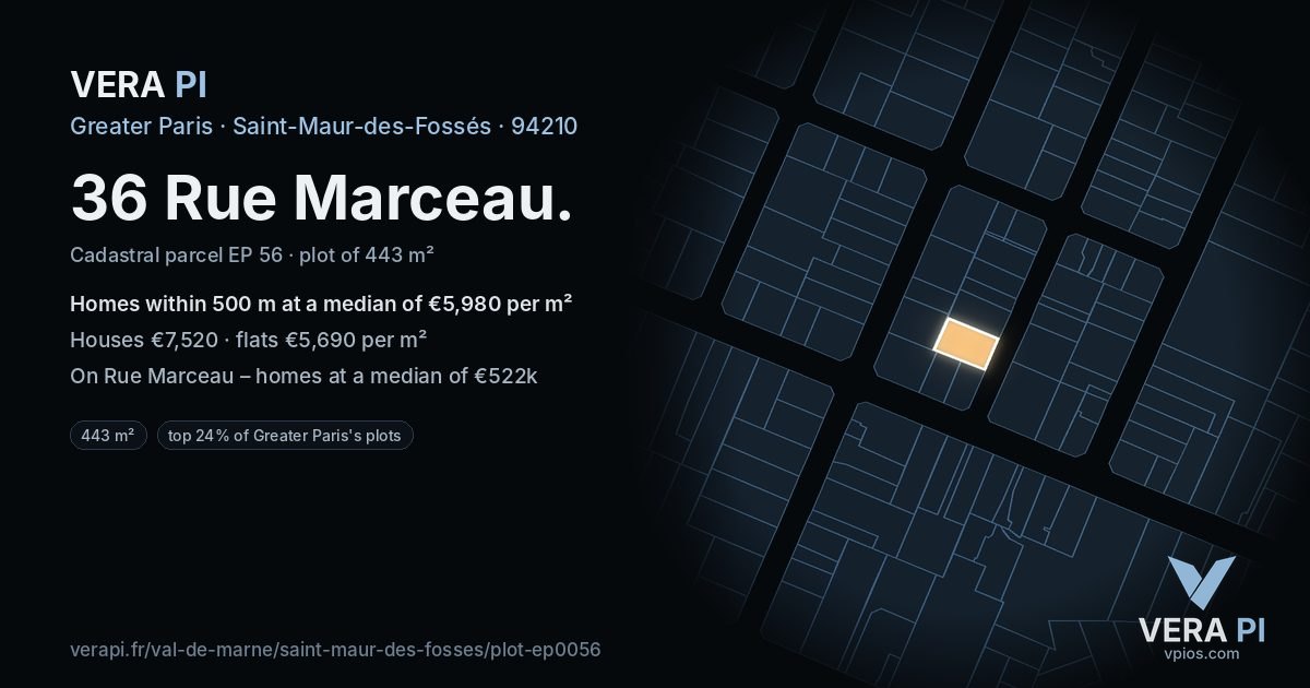 36 Rue Marceau, Saint-Maur-des-Fossés at night – the plot lit, the parcels around coloured by the prices near them