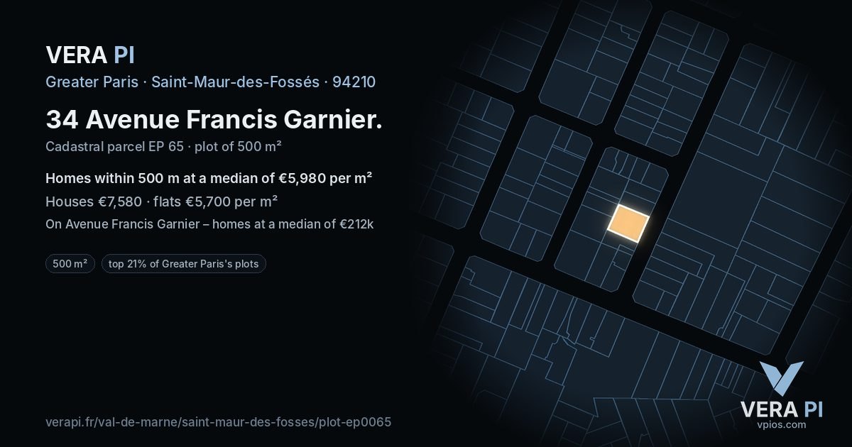 34 Avenue Francis Garnier, Saint-Maur-des-Fossés at night – the plot lit, the parcels around coloured by the prices near them