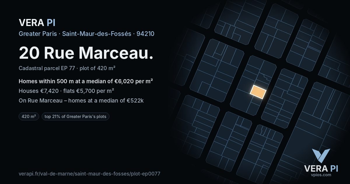 20 Rue Marceau, Saint-Maur-des-Fossés at night – the plot lit, the parcels around coloured by the prices near them