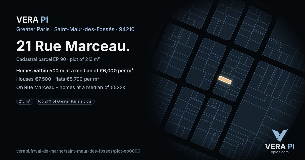 21 Rue Marceau, Saint-Maur-des-Fossés at night – the plot lit, the parcels around coloured by the prices near them