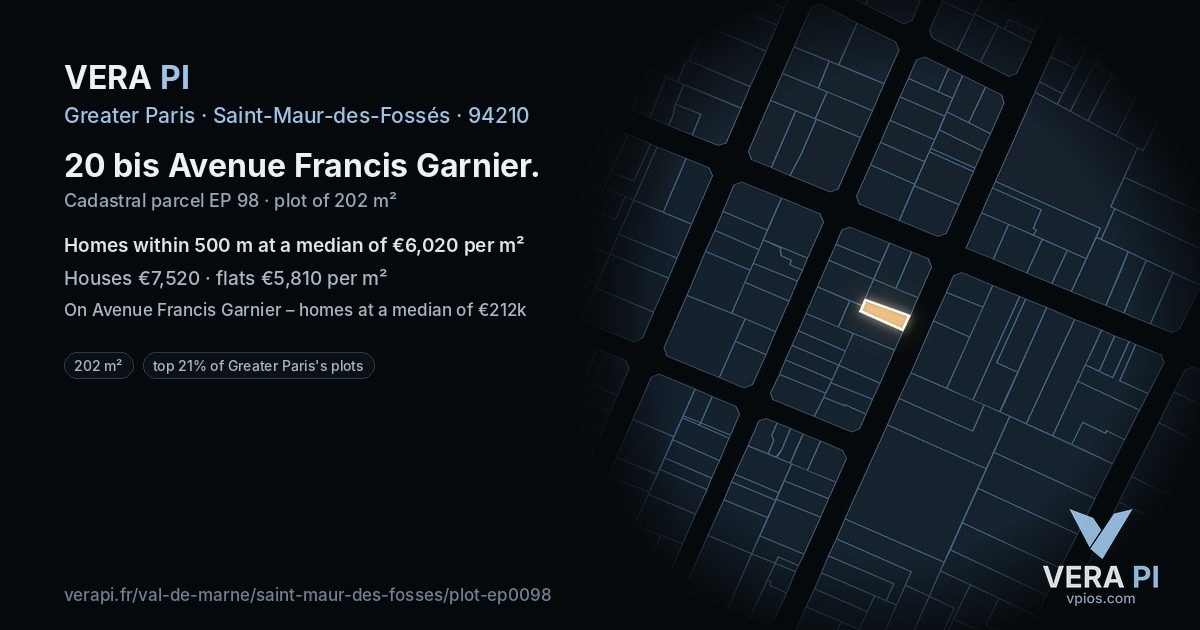 20 bis Avenue Francis Garnier, Saint-Maur-des-Fossés at night – the plot lit, the parcels around coloured by the prices near them