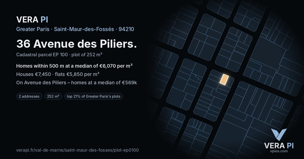 36 Avenue des Piliers, Saint-Maur-des-Fossés at night – the plot lit, the parcels around coloured by the prices near them