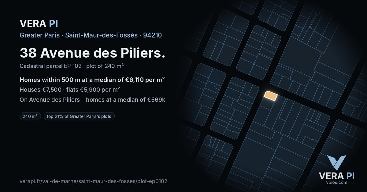 38 Avenue des Piliers, Saint-Maur-des-Fossés at night – the plot lit, the parcels around coloured by the prices near them