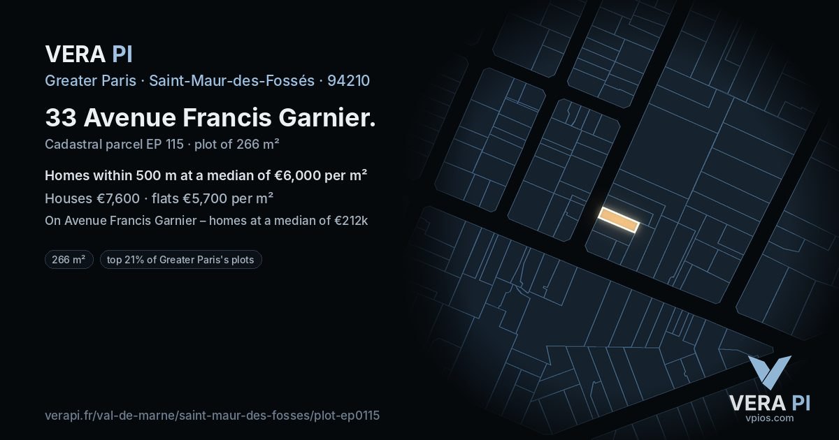 33 Avenue Francis Garnier, Saint-Maur-des-Fossés at night – the plot lit, the parcels around coloured by the prices near them