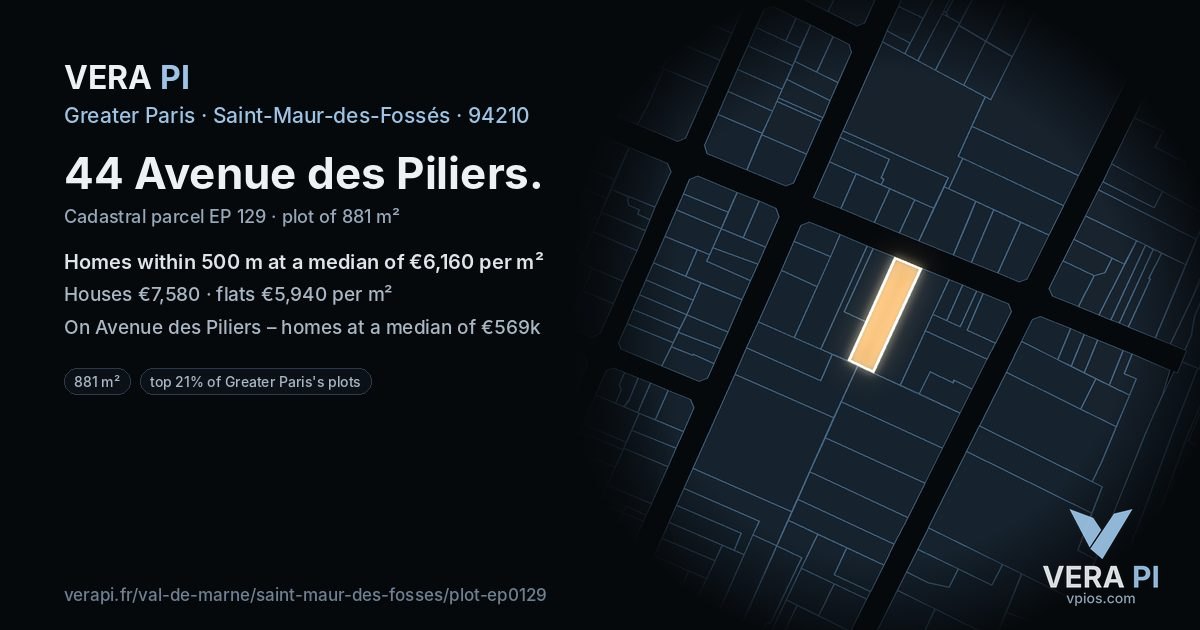 44 Avenue des Piliers, Saint-Maur-des-Fossés at night – the plot lit, the parcels around coloured by the prices near them