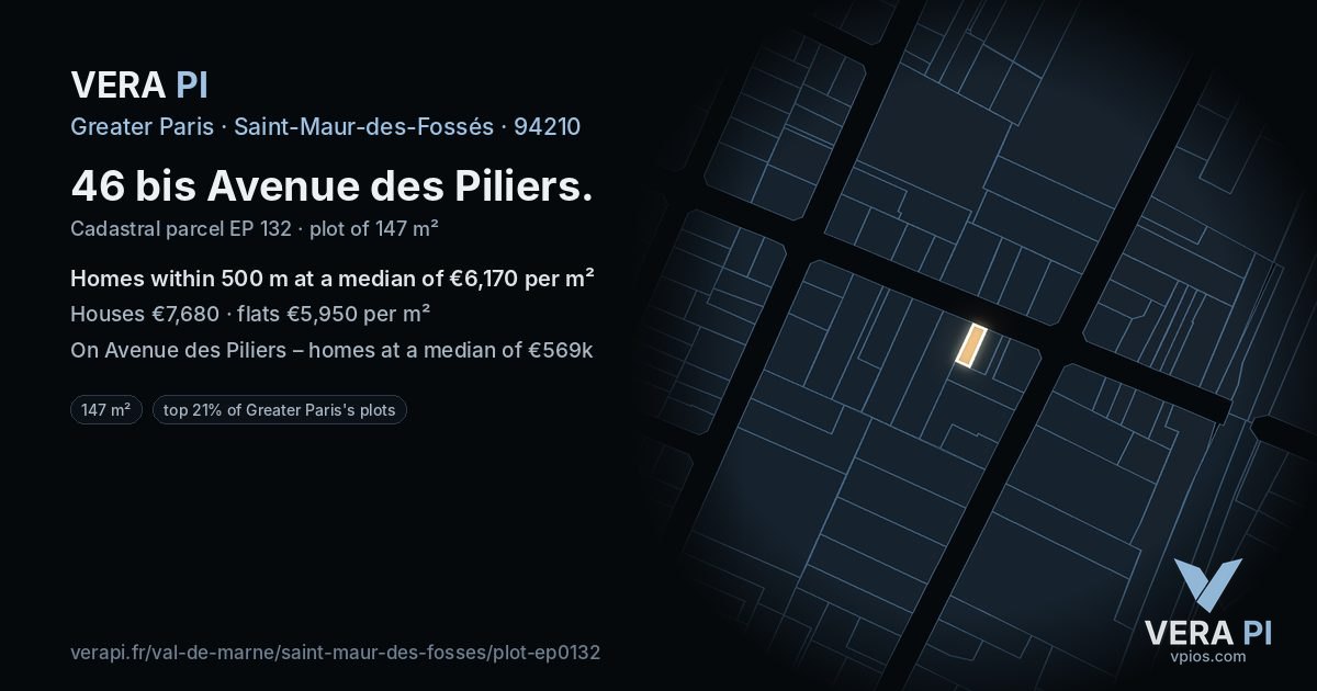 46 bis Avenue des Piliers, Saint-Maur-des-Fossés at night – the plot lit, the parcels around coloured by the prices near them