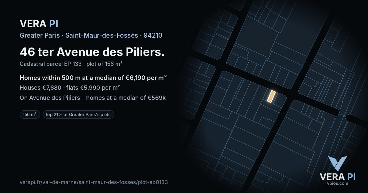 46 ter Avenue des Piliers, Saint-Maur-des-Fossés at night – the plot lit, the parcels around coloured by the prices near them