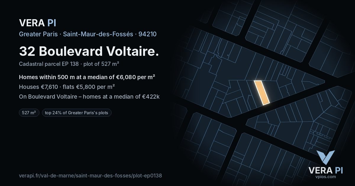 32 Boulevard Voltaire, Saint-Maur-des-Fossés at night – the plot lit, the parcels around coloured by the prices near them