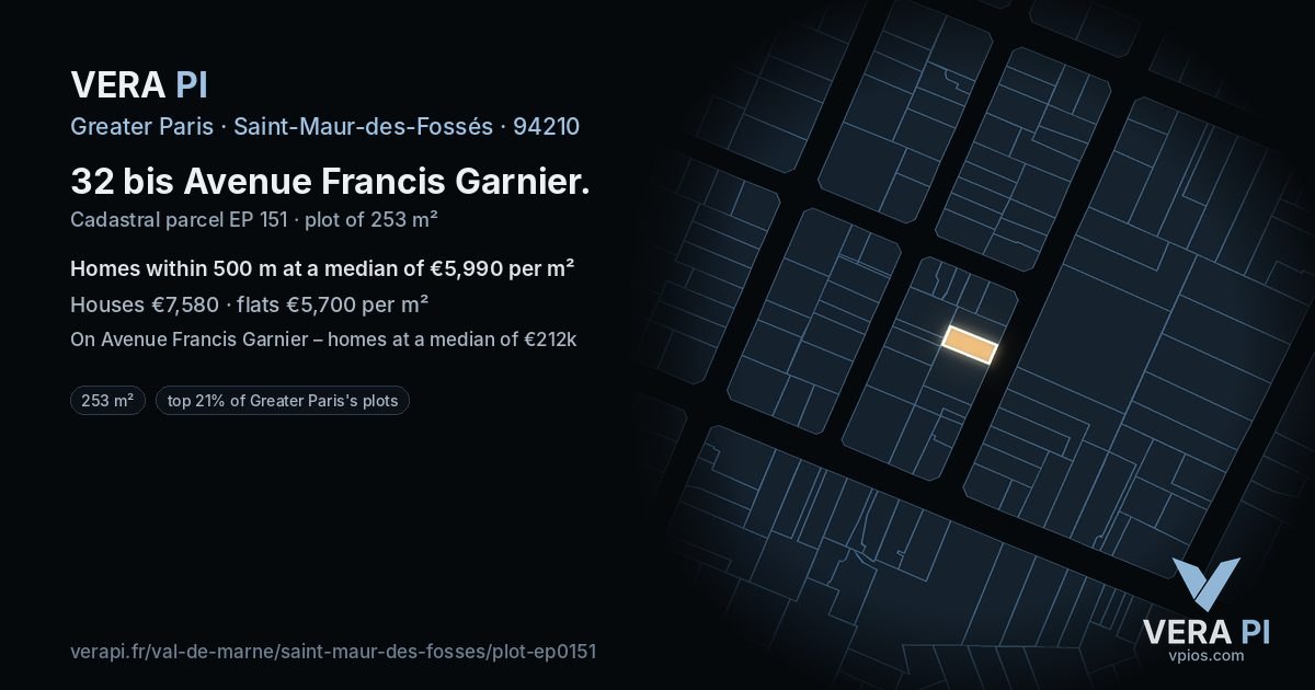 32 bis Avenue Francis Garnier, Saint-Maur-des-Fossés at night – the plot lit, the parcels around coloured by the prices near them