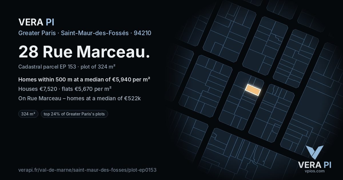 28 Rue Marceau, Saint-Maur-des-Fossés at night – the plot lit, the parcels around coloured by the prices near them