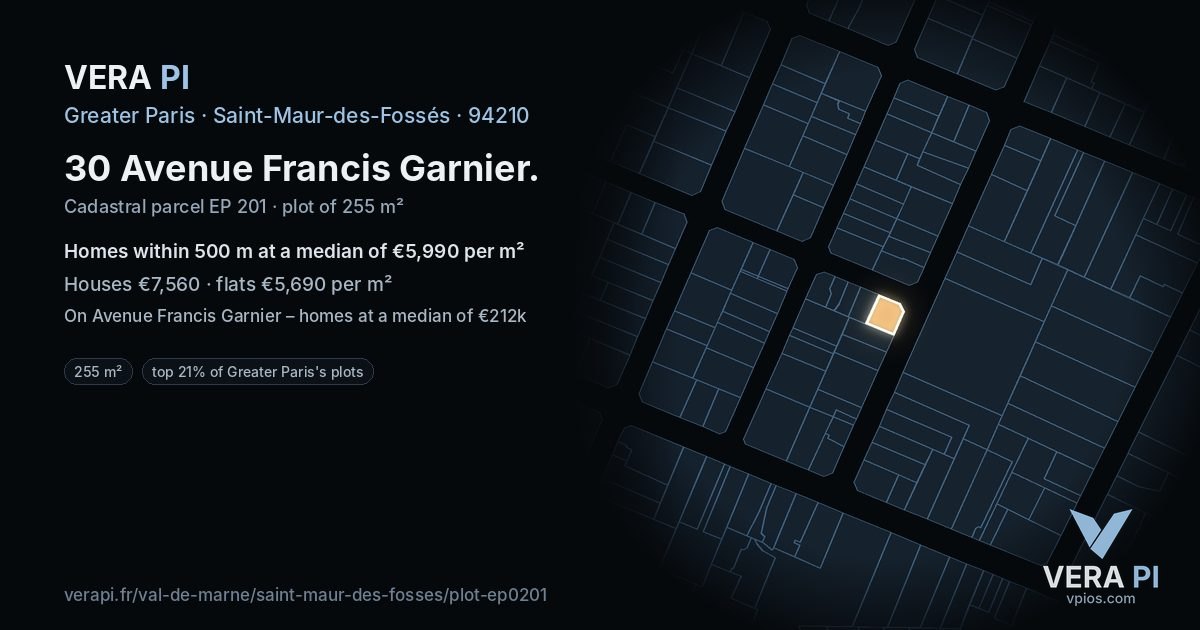 30 Avenue Francis Garnier, Saint-Maur-des-Fossés at night – the plot lit, the parcels around coloured by the prices near them