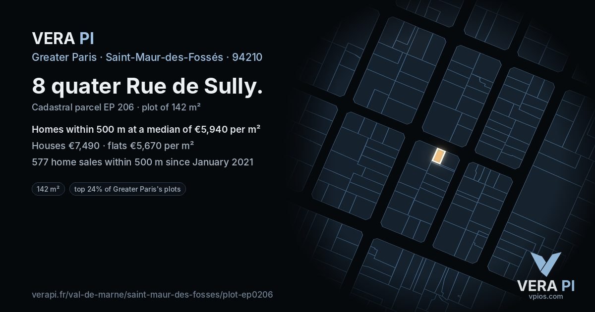 8 quater Rue de Sully, Saint-Maur-des-Fossés at night – the plot lit, the parcels around coloured by the prices near them