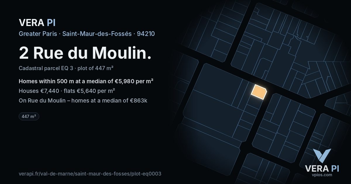 2 Rue du Moulin, Saint-Maur-des-Fossés at night – the plot lit, the parcels around coloured by the prices near them