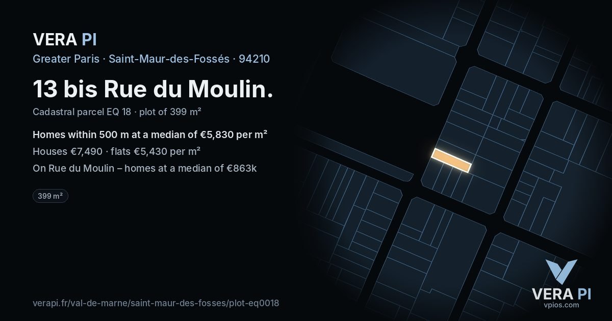 13 bis Rue du Moulin, Saint-Maur-des-Fossés at night – the plot lit, the parcels around coloured by the prices near them