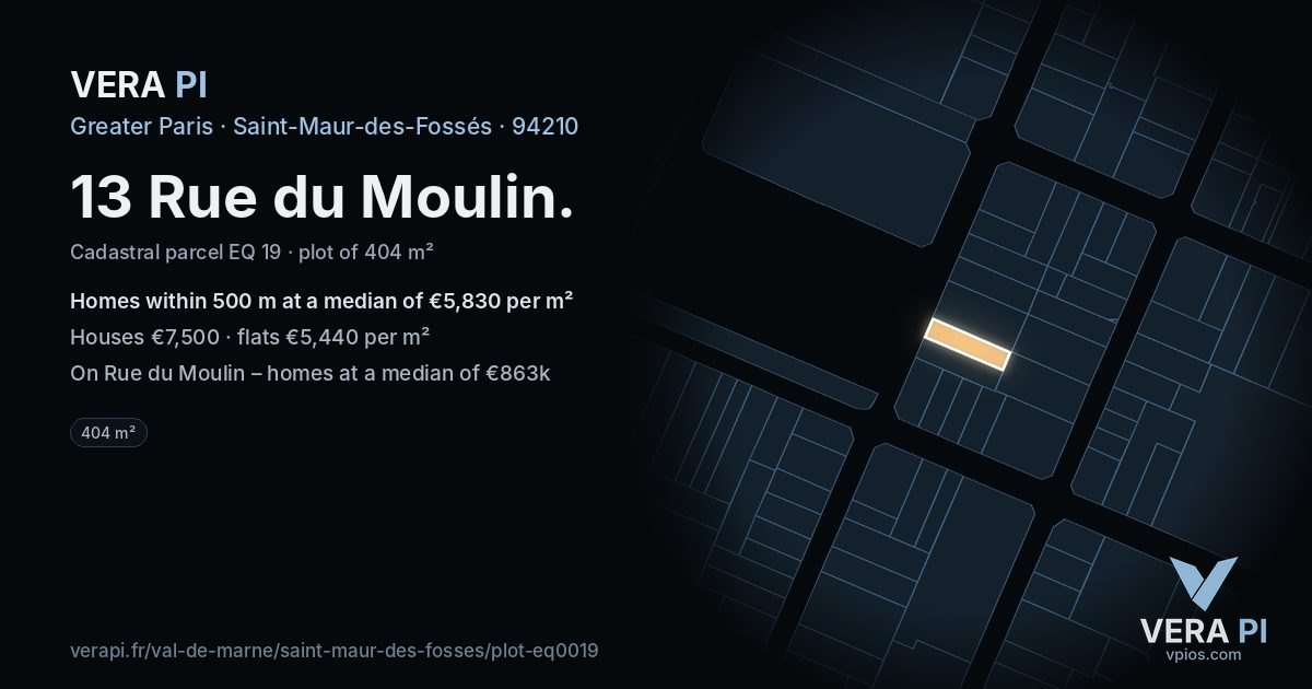 13 Rue du Moulin, Saint-Maur-des-Fossés at night – the plot lit, the parcels around coloured by the prices near them
