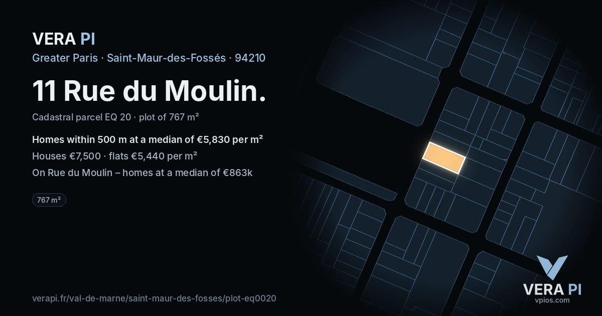 11 Rue du Moulin, Saint-Maur-des-Fossés at night – the plot lit, the parcels around coloured by the prices near them