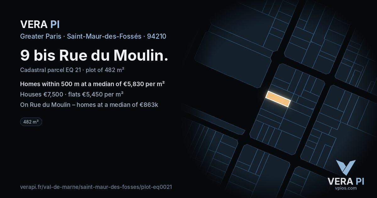 9 bis Rue du Moulin, Saint-Maur-des-Fossés at night – the plot lit, the parcels around coloured by the prices near them