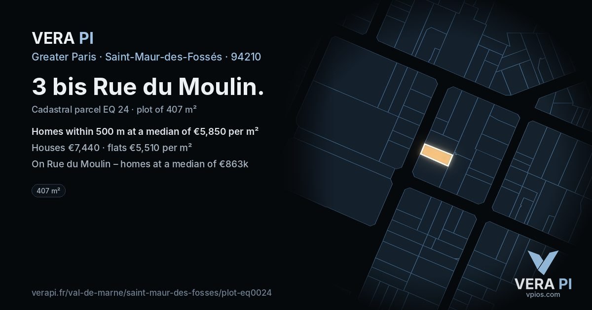 3 bis Rue du Moulin, Saint-Maur-des-Fossés at night – the plot lit, the parcels around coloured by the prices near them