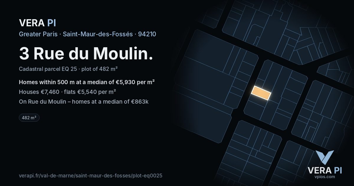 3 Rue du Moulin, Saint-Maur-des-Fossés at night – the plot lit, the parcels around coloured by the prices near them