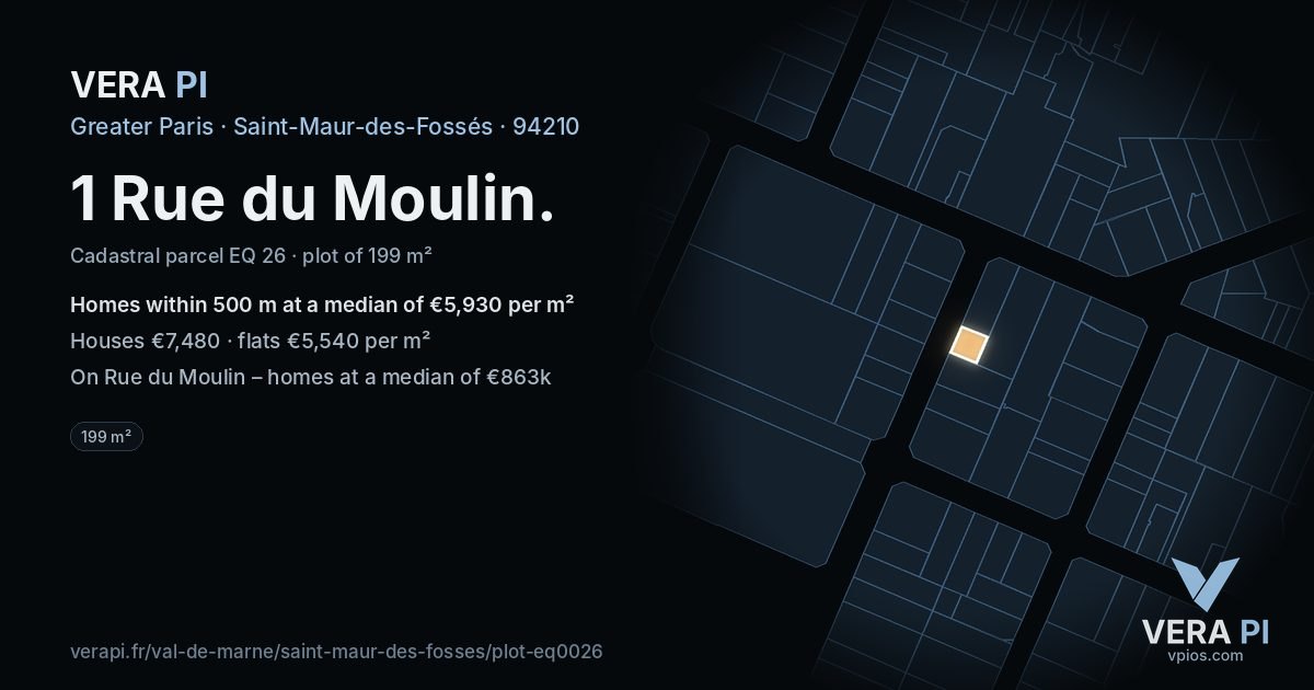 1 Rue du Moulin, Saint-Maur-des-Fossés at night – the plot lit, the parcels around coloured by the prices near them