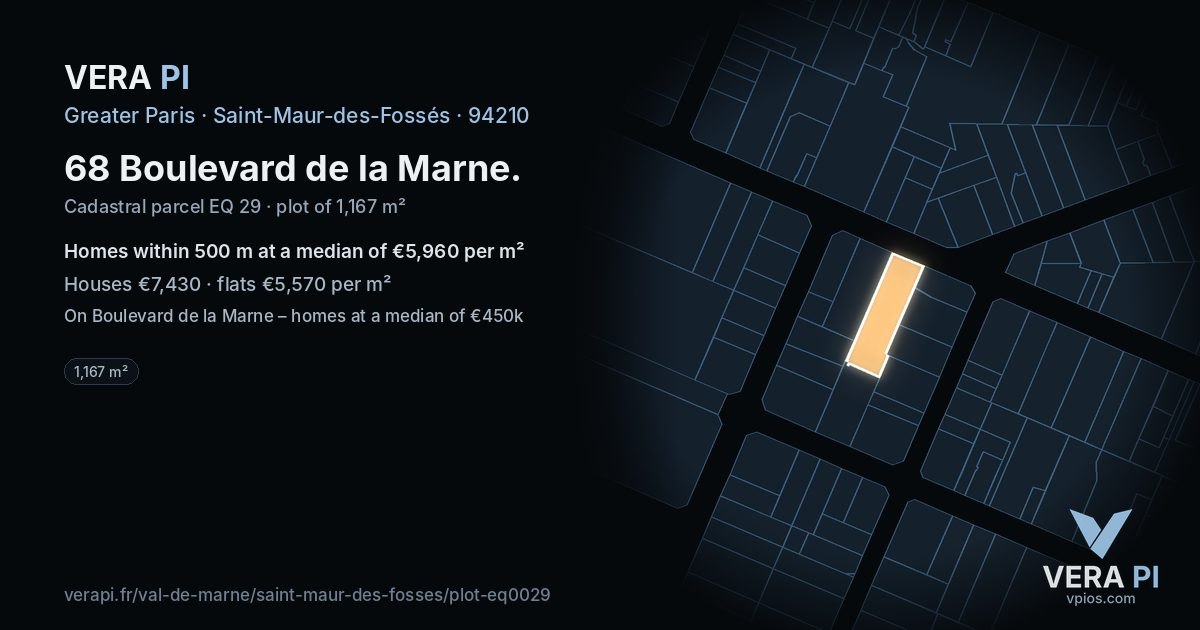 68 Boulevard de la Marne, Saint-Maur-des-Fossés at night – the plot lit, the parcels around coloured by the prices near them