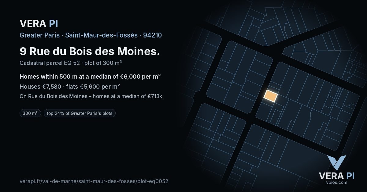 9 Rue du Bois des Moines, Saint-Maur-des-Fossés at night – the plot lit, the parcels around coloured by the prices near them