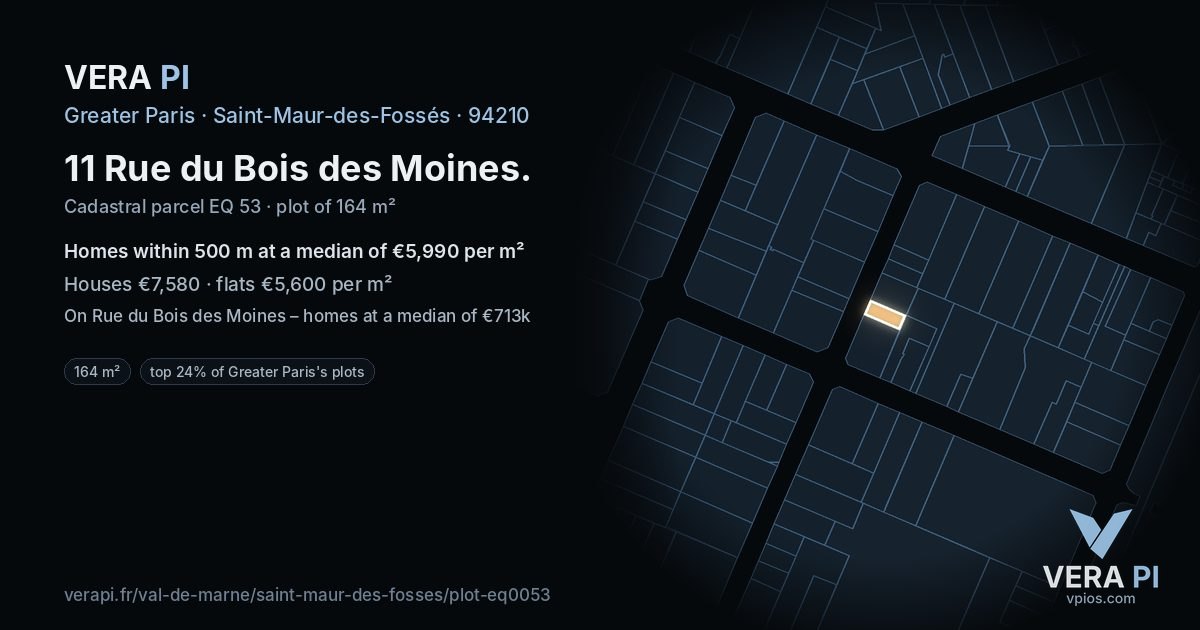 11 Rue du Bois des Moines, Saint-Maur-des-Fossés at night – the plot lit, the parcels around coloured by the prices near them