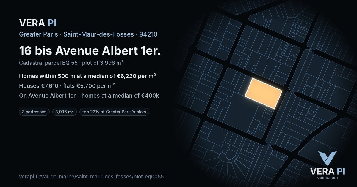 16 bis Avenue Albert 1er, Saint-Maur-des-Fossés at night – the plot lit, the parcels around coloured by the prices near them