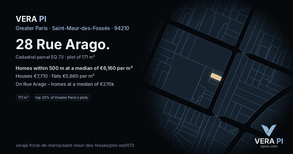 28 Rue Arago, Saint-Maur-des-Fossés at night – the plot lit, the parcels around coloured by the prices near them