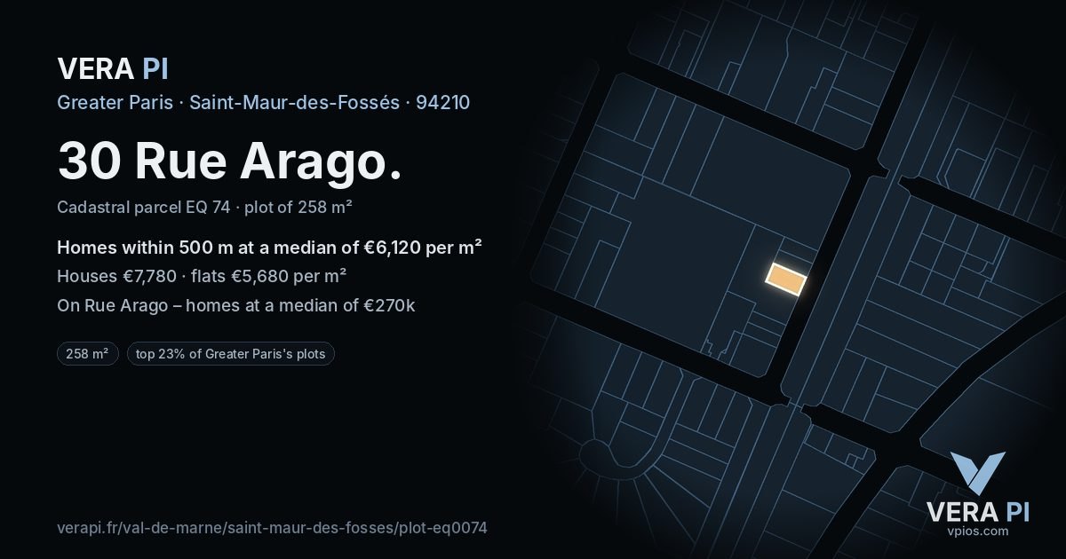 30 Rue Arago, Saint-Maur-des-Fossés at night – the plot lit, the parcels around coloured by the prices near them