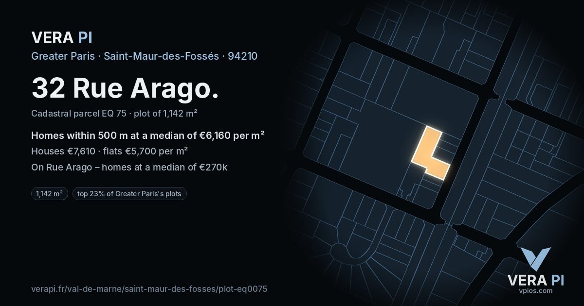 32 Rue Arago, Saint-Maur-des-Fossés at night – the plot lit, the parcels around coloured by the prices near them
