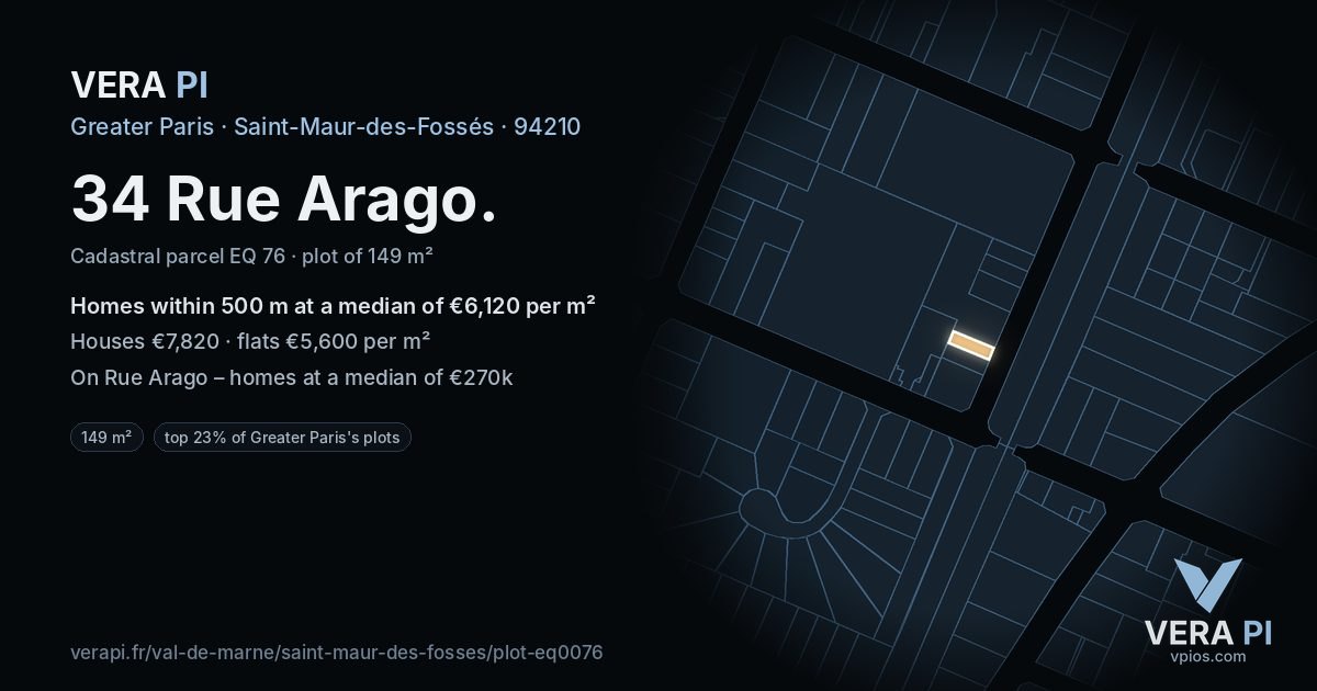 34 Rue Arago, Saint-Maur-des-Fossés at night – the plot lit, the parcels around coloured by the prices near them