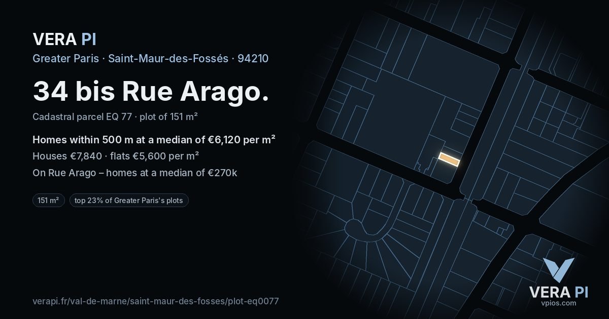 34 bis Rue Arago, Saint-Maur-des-Fossés at night – the plot lit, the parcels around coloured by the prices near them