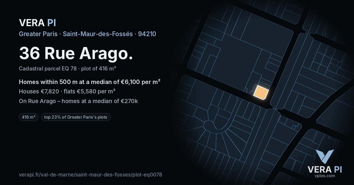36 Rue Arago, Saint-Maur-des-Fossés at night – the plot lit, the parcels around coloured by the prices near them