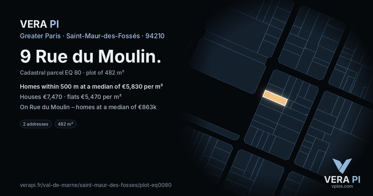 9 Rue du Moulin, Saint-Maur-des-Fossés at night – the plot lit, the parcels around coloured by the prices near them