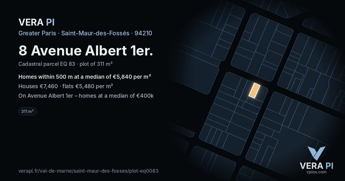8 Avenue Albert 1er, Saint-Maur-des-Fossés at night – the plot lit, the parcels around coloured by the prices near them