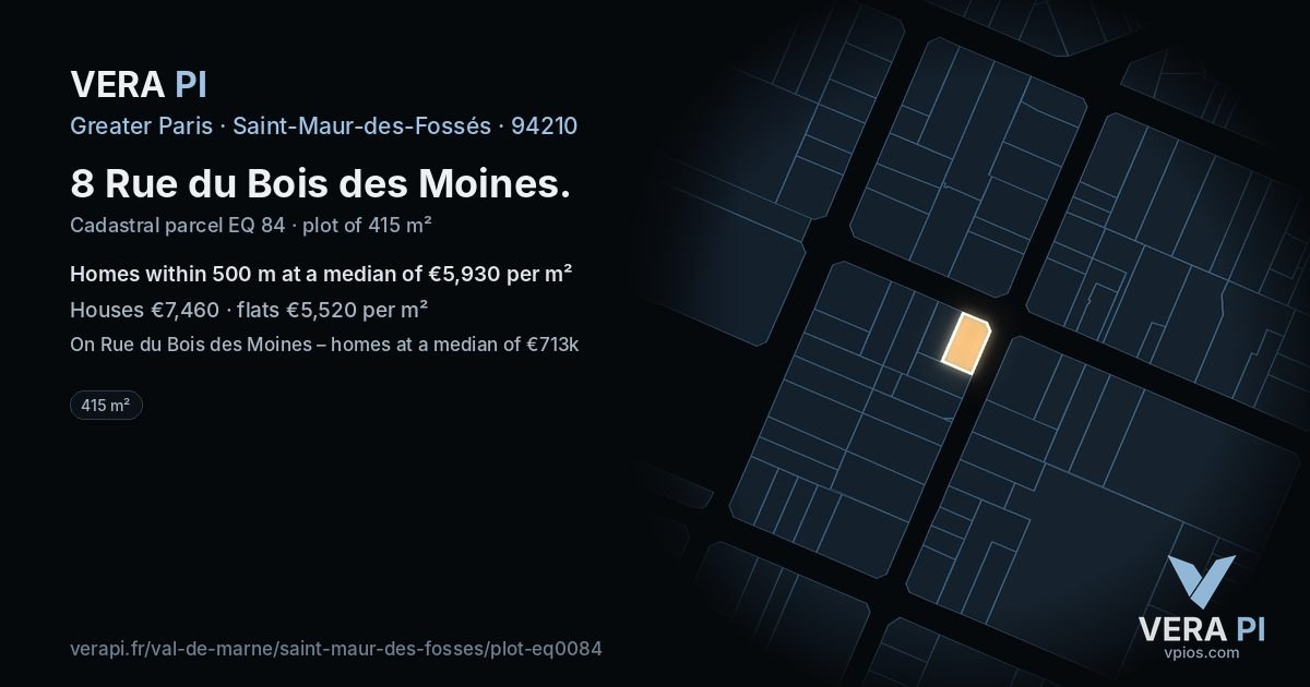 8 Rue du Bois des Moines, Saint-Maur-des-Fossés at night – the plot lit, the parcels around coloured by the prices near them