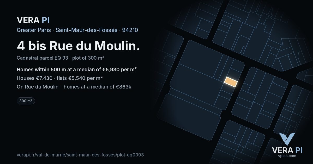 4 bis Rue du Moulin, Saint-Maur-des-Fossés at night – the plot lit, the parcels around coloured by the prices near them