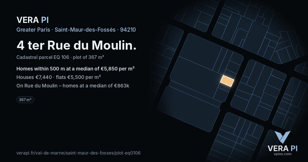 4 ter Rue du Moulin, Saint-Maur-des-Fossés at night – the plot lit, the parcels around coloured by the prices near them